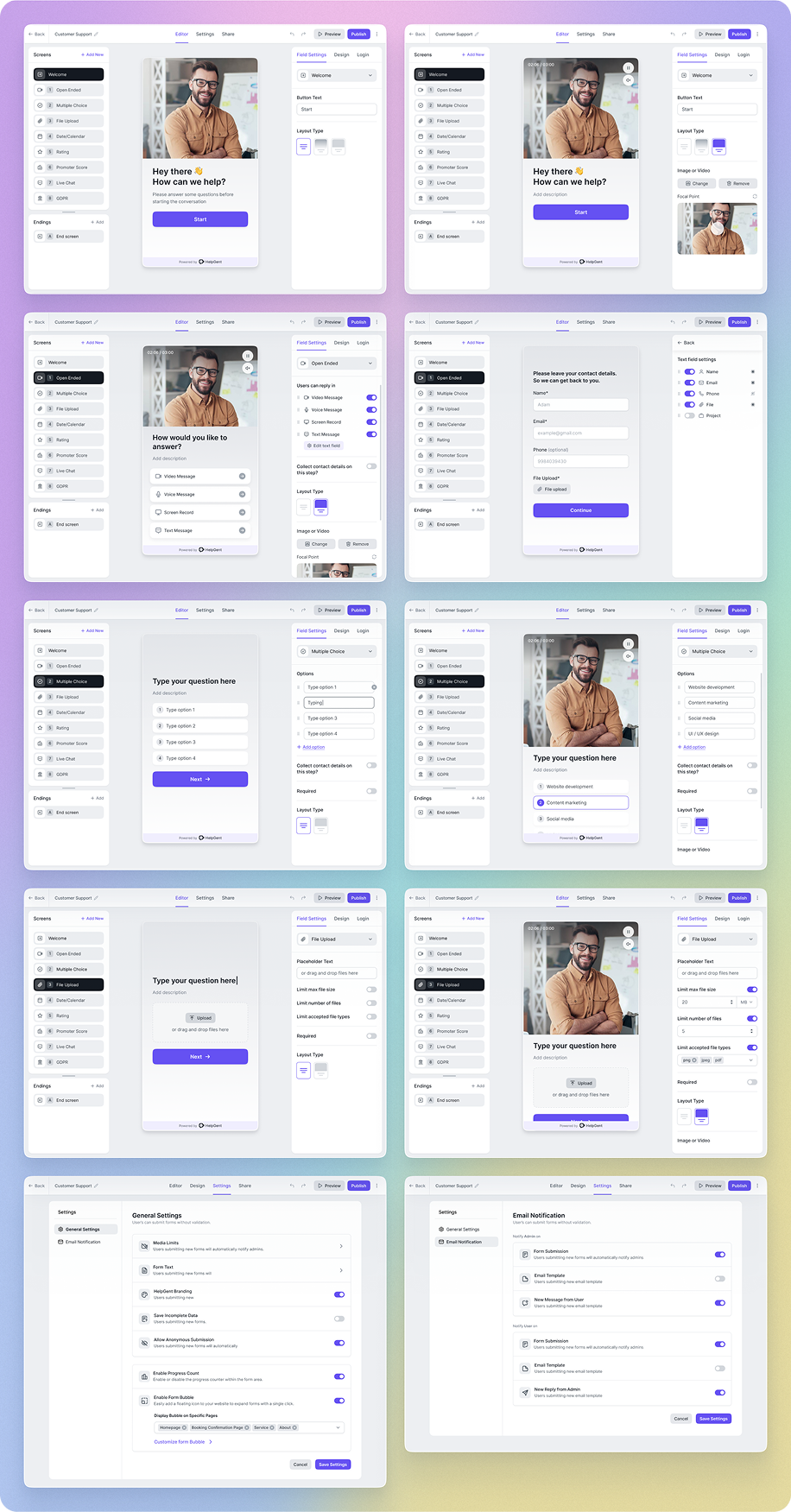HelpGent form builder element settings and configuration screens